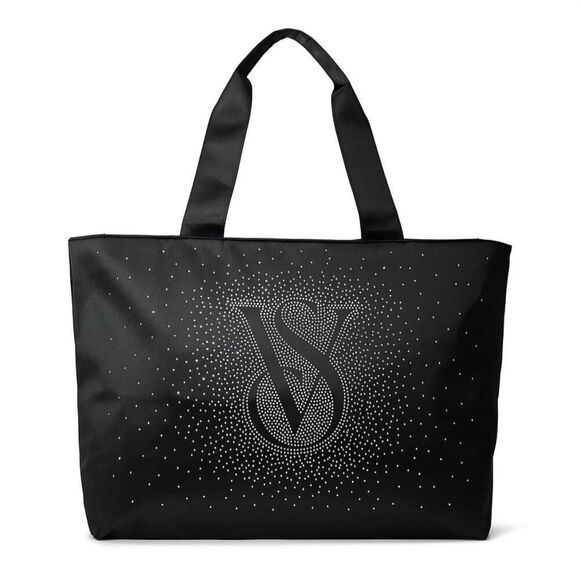 Victoria's Secret Handbags - Victoria’s Secret Shine Tote Black Rhinestone Logo Oversized Glam Bag NWT